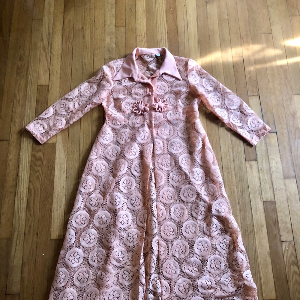 60s Vintage Peach Floral Duster Jacket - Picture 5 of 10